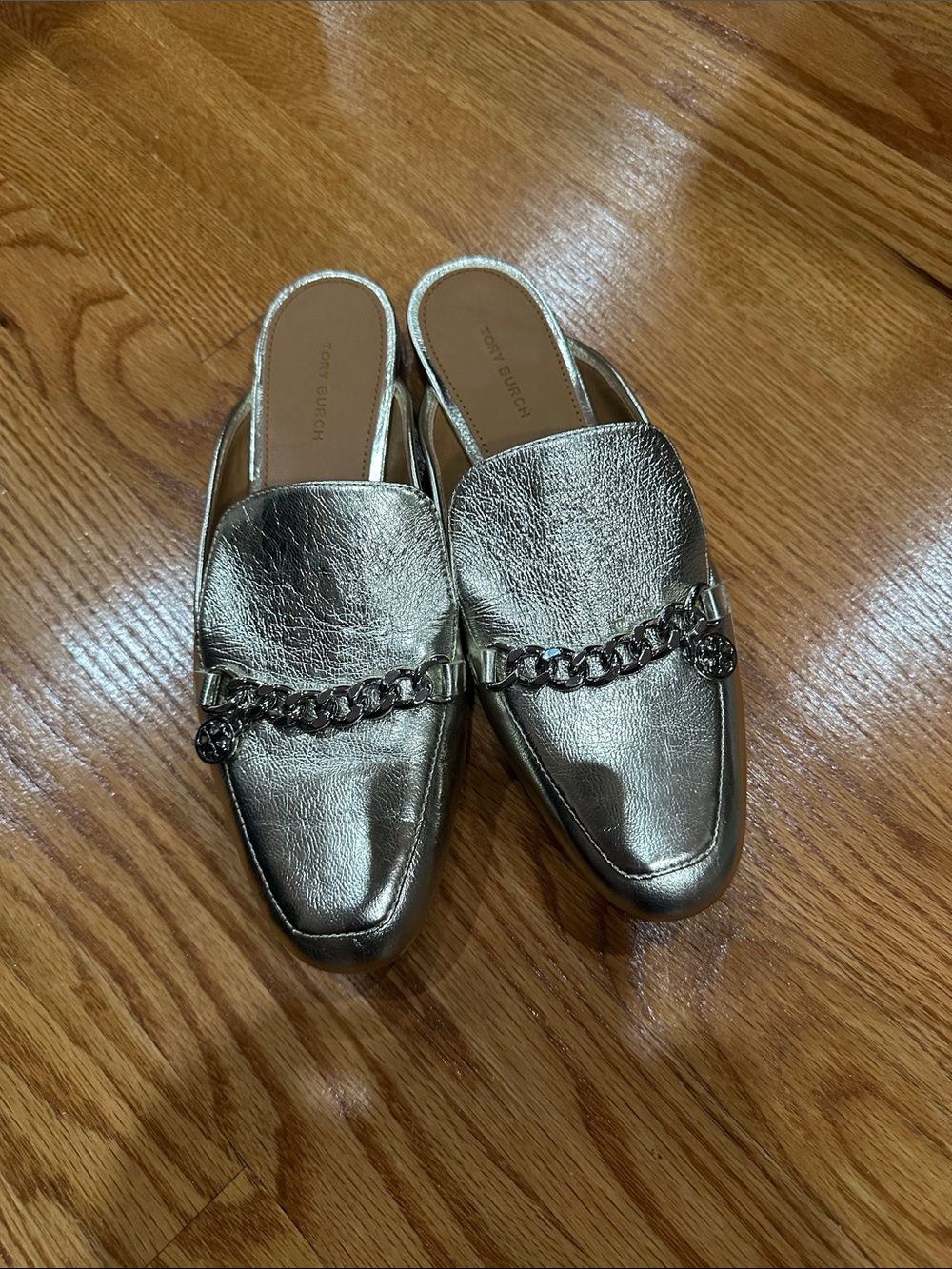 Tory Burch Metallic Gold Chain-Detail Slip-On Mules